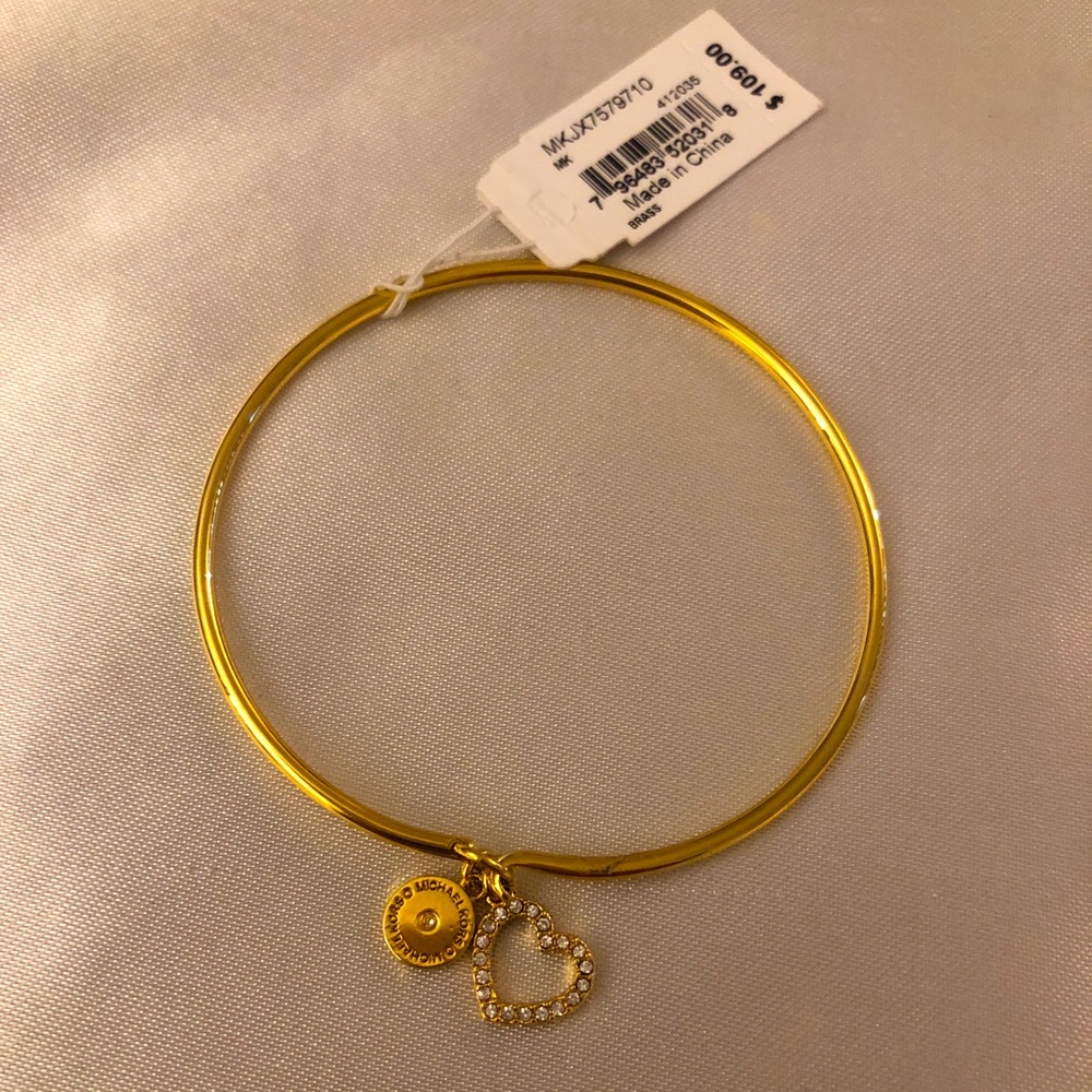 Michael Kors Gold Plated Over Brass Bangle With Logo & Heart Charms NWT